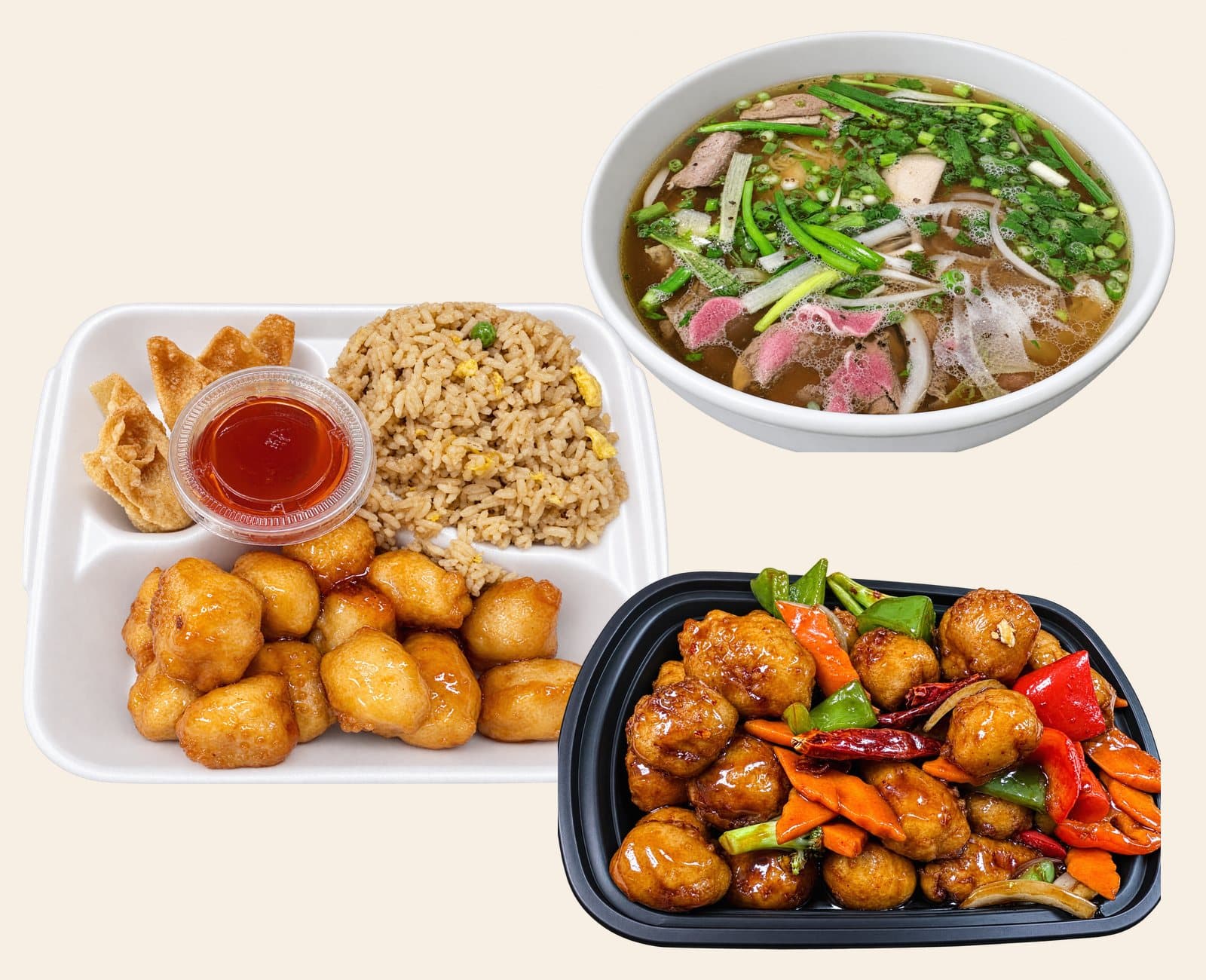 Tasty Asia Take-Out dishes: an orange chicken lunch special with fried rice and crab rangoon, a bowl of special pho, and General Tso's chicken
